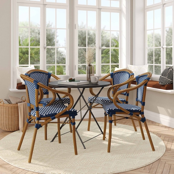 Flash Furniture Bordeaux French Bistro Stacking Chair w/Arms, Navy/White PE Rattan/Bamboo Print Alum Frame, 4PK 4-SDA-ADS642142-NVYWH-NAT-GG - main